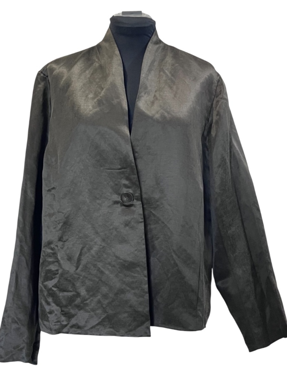 NEW! Eileen Fisher Dark Green Silk Linen Satin Deep V Jacket XL Blazer NWT